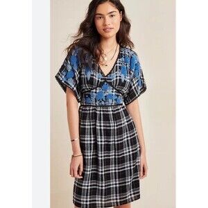 Anthropologie Sarah Plaid Embroidered Floral Dress Tunic Mini V-Neck Cottagecore